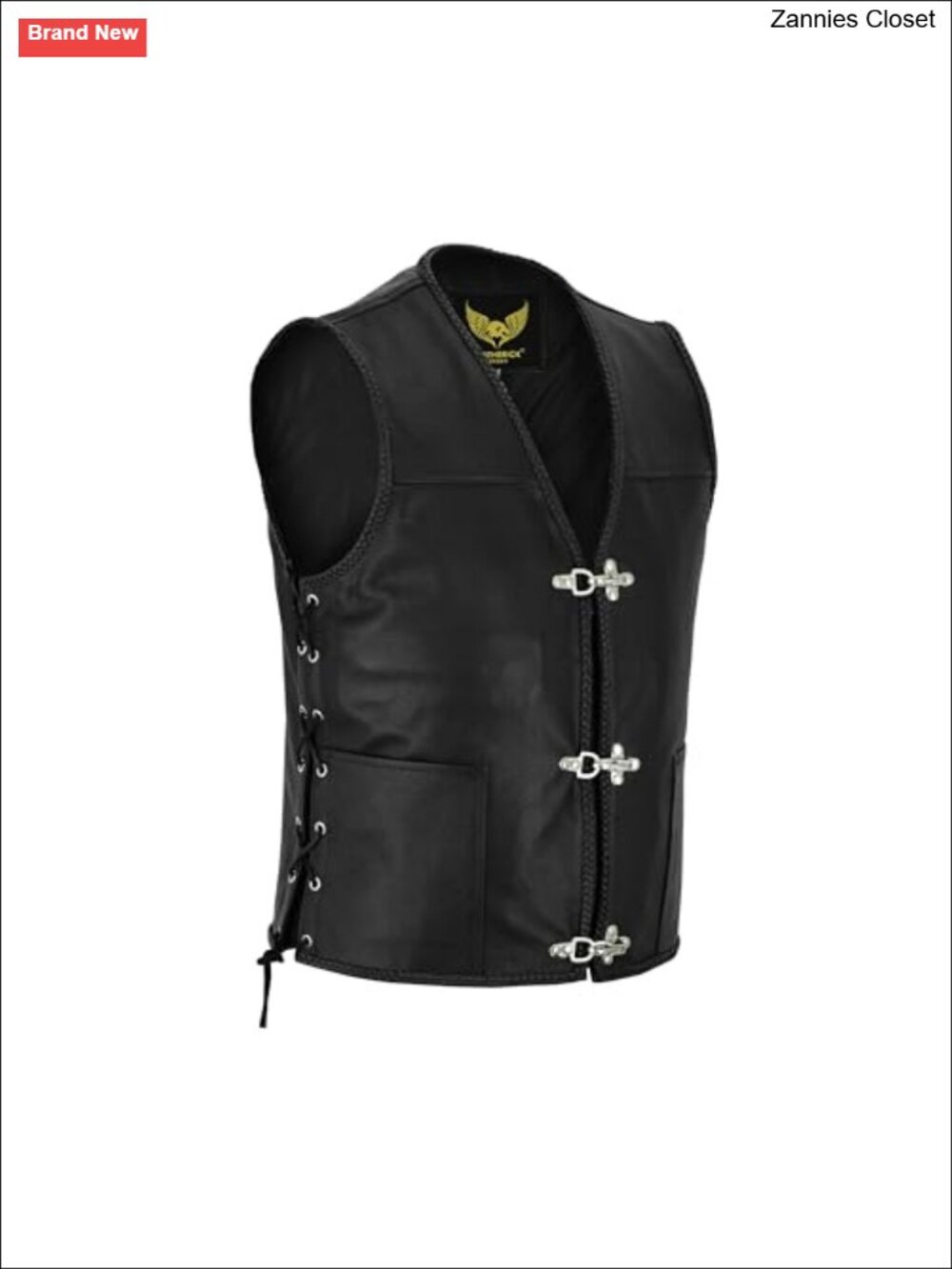 Real Leather Motorcycle Vest Braided Fish Hook Buckle Side Laces Biker